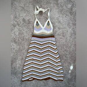 Pink Rose White and Tan Asymmetrical Ruffled Halter Sundress